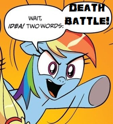 Size: 333x366 | Tagged: safe, derpibooru import, idw, applejack, rainbow dash, earth pony, pegasus, pony, blonde mane, blue coat, blue wings, death battle, dialogue, exploitable meme, female, mare, meme, multicolored hair, open mouth, orange background, raised hoof, raised leg, simple background, smiling, speech bubble, two words meme, underhoof, wings