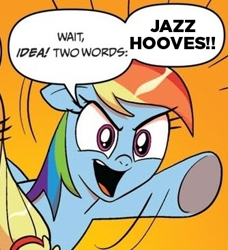 Size: 334x366 | Tagged: safe, derpibooru import, applejack, jazz hooves, rainbow dash, earth pony, pegasus, pony, archer (show), blonde mane, blue coat, blue wings, dialogue, exploitable meme, female, jazz hands, mare, meme, multicolored hair, open mouth, orange background, raised hoof, raised leg, simple background, smiling, speech bubble, two words meme, underhoof, wings