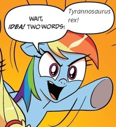 Size: 334x366 | Tagged: safe, derpibooru import, idw, applejack, rainbow dash, dinosaur, earth pony, pegasus, pony, tyrannosaurus rex, blonde mane, blue coat, blue wings, dialogue, exploitable meme, female, mare, meme, multicolored hair, open mouth, orange background, raised hoof, raised leg, simple background, smiling, speech bubble, two words meme, underhoof, wings