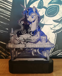 Size: 2768x3379 | Tagged: safe, artist:themisto97, princess luna, alicorn, pony, acrylic plastic, book, candle, charity auction, craft, engraving, female, lasercut, lunafest, mare, photo, reading, sitting, solo