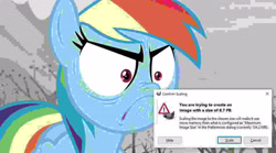 Size: 20000x11113 | Tagged: safe, derpibooru import, edit, screencap, rainbow dash, pegasus, pony, tanks for the memories, absurd resolution, angry, dangerously high res, do i look angry, error message, gimp, needs more jpeg, scaling warning message, too big, windows, windows 10