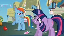 Size: 1366x768 | Tagged: safe, screencap, rainbow dash, twilight sparkle, pegasus, pony, swarm of the century, apple, great moments in animation