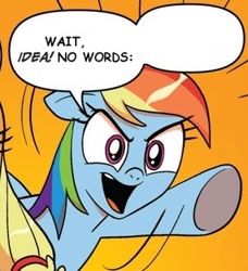 Size: 334x366 | Tagged: safe, derpibooru import, edit, idw, applejack, rainbow dash, earth pony, pegasus, pony, blonde mane, blue coat, blue wings, comic, dialogue, exploitable, exploitable meme, female, mare, meme, multicolored hair, open mouth, orange background, raised hoof, raised leg, simple background, smiling, speech bubble, two words meme, underhoof, wings