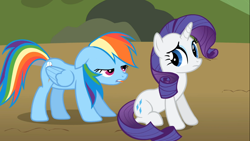 Size: 1366x768 | Tagged: safe, screencap, rainbow dash, rarity, pegasus, pony, unicorn, swarm of the century, out of context