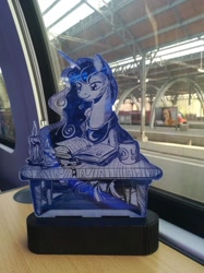 Size: 1024x1366 | Tagged: safe, artist:themisto97, princess luna, alicorn, pony, acrylic plastic, book, candle, charity auction, craft, engraving, female, lasercut, lunafest, mare, reading, sitting, solo, train, train station