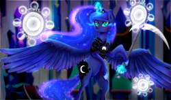 Size: 1800x1058 | Tagged: safe, artist:meqiopeach, nightmare moon, princess luna, alicorn, pony, armor, bipedal, blushing, crystal empire, cute, evil, fall of the crystal empire, female, fight, lunabetes, magic, mare, moonbutt, nightmare luna, portal, raised hoof, shoes, simple background, solo, spread wings, weapon, wings