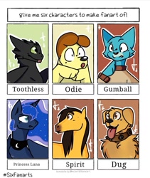 Size: 1077x1275 | Tagged: safe, artist:catmint1354, princess luna, alicorn, anthro, dog, dragon, horse, pony, :o, :p, anthro with ponies, bust, chest fluff, clothes, collar, crossover, dug, ethereal mane, female, garfield, gumball watterson, how to train your dragon, mare, odie, open mouth, peytral, six fanarts, spirit (character), starry mane, the amazing world of gumball, tongue out, toothless the dragon, up (movie)