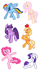 Size: 800x1441 | Tagged: dead source, safe, artist:miniyuna, derpibooru import, applejack, fluttershy, pinkie pie, rainbow dash, rarity, twilight sparkle, earth pony, pegasus, pony, unicorn, apple, balancing, bipedal, grin, happy, mane six, simple background, smiling