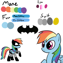 Size: 1000x1000 | Tagged: safe, rainbow dash, pegasus, pony, batman, batmare, crossover, dc comics, palette, parody, reference sheet, simple background, solo, white background