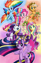 Size: 3300x5100 | Tagged: safe, artist:chibi-jen-hen, derpibooru import, applejack, fluttershy, pinkie pie, rainbow dash, rarity, twilight sparkle, twilight sparkle (alicorn), alicorn, earth pony, pegasus, pony, unicorn, looking at you, mane six, open mouth, rainbow power, smiling, wink