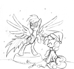 Size: 2632x2447 | Tagged: safe, artist:leadhooves, derpibooru import, pinkie pie, rainbow dash, earth pony, pegasus, pony, clothes, monochrome, sculpture, snow, snowfall, wonderbolts uniform