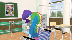 Size: 640x360 | Tagged: safe, derpibooru import, rainbow dash, rarity, equestria girls, 3d, female, kissing, lesbian, mmd, raridash, shipping