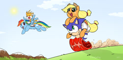 Size: 800x395 | Tagged: safe, artist:frankyding90, derpibooru import, applejack, rainbow dash, earth pony, pegasus, pony, crossover, miles "tails" prower, sonic the hedgehog, sonic the hedgehog (series)