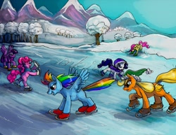 Size: 1280x989 | Tagged: safe, artist:anarchpeace, derpibooru import, applejack, fluttershy, pinkie pie, rainbow dash, rarity, twilight sparkle, twilight sparkle (alicorn), alicorn, earth pony, pegasus, pony, unicorn, clothes, hat, ice, ice skates, ice skating, mane six, scarf, snow