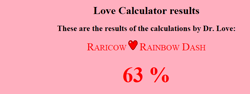 Size: 754x282 | Tagged: safe, rainbow dash, rarity, female, lesbian, love calculator, raricow, raridash, shipping, text, text only