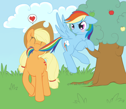 Size: 868x755 | Tagged: safe, artist:tenchi-outsuno, derpibooru import, applejack, rainbow dash, earth pony, pegasus, pony, appledash, blushing, female, heart, lesbian, mouth hold, shipping