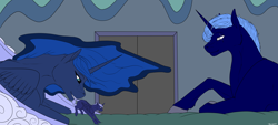 Size: 6000x2717 | Tagged: safe, artist:backlash91, princess luna, oc, oc:artemis eclipse, oc:moon dust(alicorn), alicorn, pony, adopted offspring, adoption, blind in one eye, colt, cute, family, father, female, gentle giant, implied transformation, luna's room, male, mare, maternaluna, mother, mother and child, mother and son, parent and child, parent:oc:artemis eclipse, parent:princess luna, scar, son, stallion, tail, tail pull, tiny