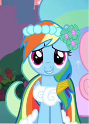 Size: 430x602 | Tagged: safe, derpibooru import, screencap, fluttershy, princess celestia, rainbow dash, alicorn, pegasus, pony, a canterlot wedding, bridesmaid dress, clothes, cropped, cute, dashabetes, dress, female, looking at you, mare, rainbow dash always dresses in style, smiling, solo