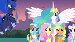 Size: 1920x1080 | Tagged: safe, derpibooru import, screencap, applejack, fluttershy, princess celestia, princess luna, rainbow dash, rarity, alicorn, earth pony, pegasus, pony, unicorn, a canterlot wedding, bridesmaid dress, c:, clothes, crying, cute, dashabetes, dress, female, flying, grin, hoof shoes, jewelry, looking at you, mare, open mouth, peytral, regalia, shyabetes, smiling, spread wings, tears of joy