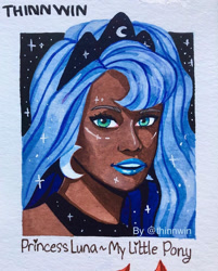 Size: 869x1080 | Tagged: safe, alternate version, artist:thinnwin, princess luna, human, bust, clothes, dark skin, ear piercing, ethereal mane, female, humanized, jewelry, lipstick, necklace, piercing, smiling, solo, starry mane, traditional art