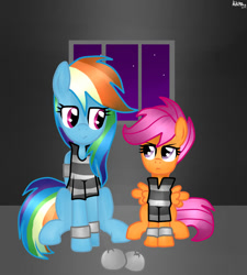 Size: 1800x2000 | Tagged: safe, artist:kikirdcz, rainbow dash, scootaloo, pegasus, pony, ball and chain, bound wings, clothes, jail, prison, prison outfit, prison stripes, prisoner, prisoner rd, shackles