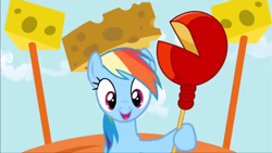 Size: 638x359 | Tagged: safe, screencap, rainbow dash, pegasus, pony, pinkie pride, cheese, cheese hat, cheese scepter, cheesehead, hat, solo
