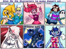 Size: 1080x809 | Tagged: safe, alternate version, artist:cosmickitty.draws, princess luna, alicorn, anthro, cat, ghost, human, pony, undead, adventure time, animal crossing, anthro with ponies, bust, clothes, colored, crescent moon, crossover, ethereal mane, female, finn the human, floral head wreath, flower, frisk, hazbin hotel, headphones, jake the dog, male, mare, moon, napstablook, peace sign, rosie, six fanarts, smiling, spinel (steven universe), starry mane, steven universe, undertale, vaggie