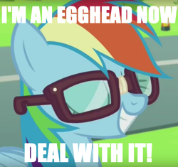 Size: 804x756 | Tagged: safe, derpibooru import, edit, edited screencap, screencap, rainbow dash, pegasus, pony, newbie dash, caption, deal with it, egghead, egghead dash, glasses, image macro, meme, reading rainboom, smug