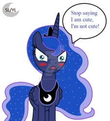 Size: 600x660 | Tagged: safe, artist:princesslunayay, princess luna, alicorn, pony, angry, blatant lies, blushing, crown, cute, denial, denial's not just a river in egypt, deviantart watermark, dialogue, ethereal mane, female, i'm not cute, jewelry, logo, looking at you, lunabetes, lying, mare, necklace, obtrusive watermark, regalia, simple background, solo, speech bubble, starry mane, talking, talking to viewer, text, tsundere, watermark, white background