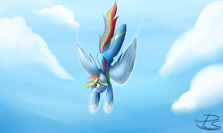 Size: 5000x3000 | Tagged: safe, artist:lyres-art, derpibooru import, rainbow dash, pegasus, pony, clothes, cloud, dive bomb, goggles, rainbow crash, signature, solo, wonderbolts uniform