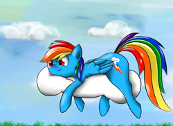 Size: 3507x2550 | Tagged: safe, artist:o0o-bittersweet-o0o, derpibooru import, rainbow dash, pegasus, pony, cloud, prone, solo