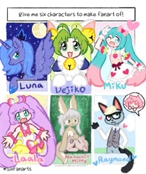 Size: 1024x1222 | Tagged: safe, artist:flustershy, princess luna, alicorn, anthro, cat, human, pony, :d, animal crossing, anthro with ponies, bell, cat bell, catgirl, clothes, crossover, dejiko, di gi charat, full moon, glasses, hatsune miku, heart, heart eyes, hoof shoes, laala manaka, made in abyss, moon, nanachi, necktie, night, one eye closed, open mouth, peace sign, peytral, pripara, raymond, s1 luna, six fanarts, skirt, smiling, stars, villager, vocaloid, wingding eyes, wink