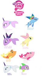 Size: 1432x2588 | Tagged: artist needed, source needed, safe, derpibooru import, applejack, fluttershy, pinkie pie, rainbow dash, rarity, spike, starlight glimmer, twilight sparkle, fish, narwhal, fishified, flutterfish, flying fish, mane seven, mane six, my little x, pike, pun, rainbow trout, rarifish, species swap, splash, wat