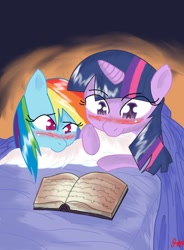 Size: 966x1311 | Tagged: safe, artist:checkeredmarionette8, derpibooru import, rainbow dash, twilight sparkle, pegasus, pony, bed, blushing, book, female, lesbian, reading, shipping, twidash