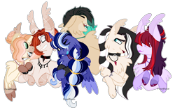 Size: 1524x966 | Tagged: safe, artist:fuxebuxe, princess luna, oc, oc:cursed dessert, oc:night bird, oc:piers thorn, oc:royal blood, oc:snake bite, alicorn, pony, base used, canon x oc, oc x oc, polyamory, shipping, simple background, transparent background