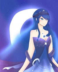 Size: 1035x1294 | Tagged: safe, artist:idont.like3thinking, princess luna, human, clothes, crescent moon, dress, ethereal mane, female, humanized, jewelry, moon, night, sleeveless, smiling, solo, starry mane, stars, tiara