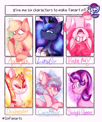 Size: 1715x2048 | Tagged: safe, artist:grestevic, applejack, cozy glow, daybreaker, pinkie pie, princess luna, starlight glimmer, alicorn, earth pony, pegasus, pony, unicorn, :d, :p, apple, bedroom eyes, bust, ethereal mane, female, filly, food, galaxy mane, hoof hold, jewelry, mane of fire, mare, open mouth, peytral, six fanarts, smiling, tiara, tongue out, upside down