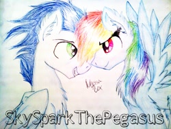 Size: 640x480 | Tagged: safe, artist:skysparkthepegasus, rainbow dash, soarin', pegasus, pony, chest fluff, female, male, shipping, soarindash, straight, traditional art