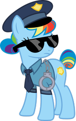 Size: 1024x1630 | Tagged: safe, artist:blah23z, artist:korsoo, color edit, derpibooru import, edit, copper top, rainbow dash, the gift of the maud pie, colored, hand cuffs, necktie, police, police officer, police uniform, recolor, solo, sunglasses