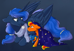 Size: 1280x891 | Tagged: safe, artist:bluebrush09, princess luna, oc, oc:fireheart, alicorn, pegasus, pony, adopted offspring, colt, commission, duo, female, foal, gray background, male, mare, maternaluna, motherly love, plushie, simple background, teddy bear, ursa plush, wholesome