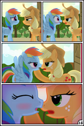 Size: 3254x4837 | Tagged: safe, artist:gutovi, derpibooru import, applejack, rainbow dash, earth pony, pegasus, pony, comic:why me!?, absurd resolution, appledash, applejack's eyebrow, bedroom eyes, blushing, comic, female, imminent kissing, lesbian, shipping, spread wings, wingboner