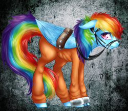 Size: 643x561 | Tagged: safe, artist:miniyume, rainbow dash, pegasus, pony, bound wings, bridle, clothes, floppy ears, never doubt rainbowdash69's involvement, prison outfit, prisoner rd, shackles, solo, standing