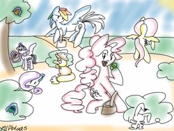 Size: 1024x768 | Tagged: safe, artist:mlpblogs, derpibooru import, angel bunny, applejack, fluttershy, pinkie pie, rainbow dash, rarity, twilight sparkle, twilight sparkle (alicorn), alicorn, earth pony, pegasus, pony, unicorn, 30 minute art challenge, easter, easter egg, female, mare