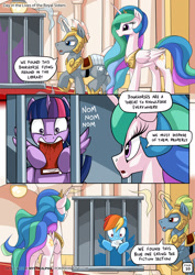 Size: 1447x2047 | Tagged: safe, artist:mysticalpha, derpibooru import, princess celestia, rainbow dash, twilight sparkle, twilight sparkle (alicorn), alicorn, pegasus, pony, comic:day in the lives of the royal sisters, armor, bibliovore, book, bookhorse, cage, comic, crown, dialogue, female, horseshoes, jewelry, magic, mare, mouth hold, nom, peytral, pica, regalia, royal guard, speech bubble, telekinesis, that pony sure does love books