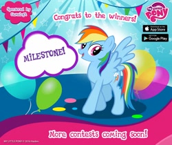 Size: 940x788 | Tagged: safe, derpibooru import, rainbow dash, pegasus, pony, balloon, gameloft, my little pony logo, official, solo