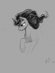 Size: 900x1200 | Tagged: safe, artist:amarynceus, princess luna, alicorn, pony, cloven hooves, ethereal mane, female, freckles, gray background, grayscale, leonine tail, mare, monochrome, palindrome get, pencil drawing, simple background, sketch, solo, starry mane, traditional art, unfinished art, unshorn fetlocks, wings