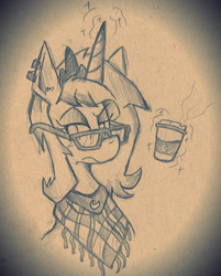 Size: 1392x1732 | Tagged: safe, artist:wirelesspony, princess luna, alicorn, pony, bust, coffee, coffee cup, cup, ear piercing, earring, glasses, hipster, jewelry, lidded eyes, magic, monochrome, piercing, s1 luna, shawl, solo, telekinesis, traditional art