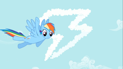 Size: 1366x768 | Tagged: safe, screencap, rainbow dash, pegasus, pony, the mysterious mare do well, cloud, flying, skywriting, solo