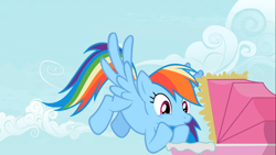 Size: 1366x768 | Tagged: safe, screencap, rainbow dash, pegasus, pony, the mysterious mare do well, baby carriage, flying, solo