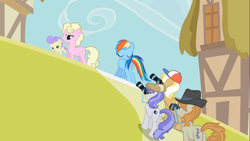 Size: 1366x768 | Tagged: safe, screencap, cream puff, long shot, millie, press pass, press release (character), rainbow dash, snappy scoop, earth pony, pegasus, pony, the mysterious mare do well, baby, baby pony, female, foal, mare, mom, paparazzi